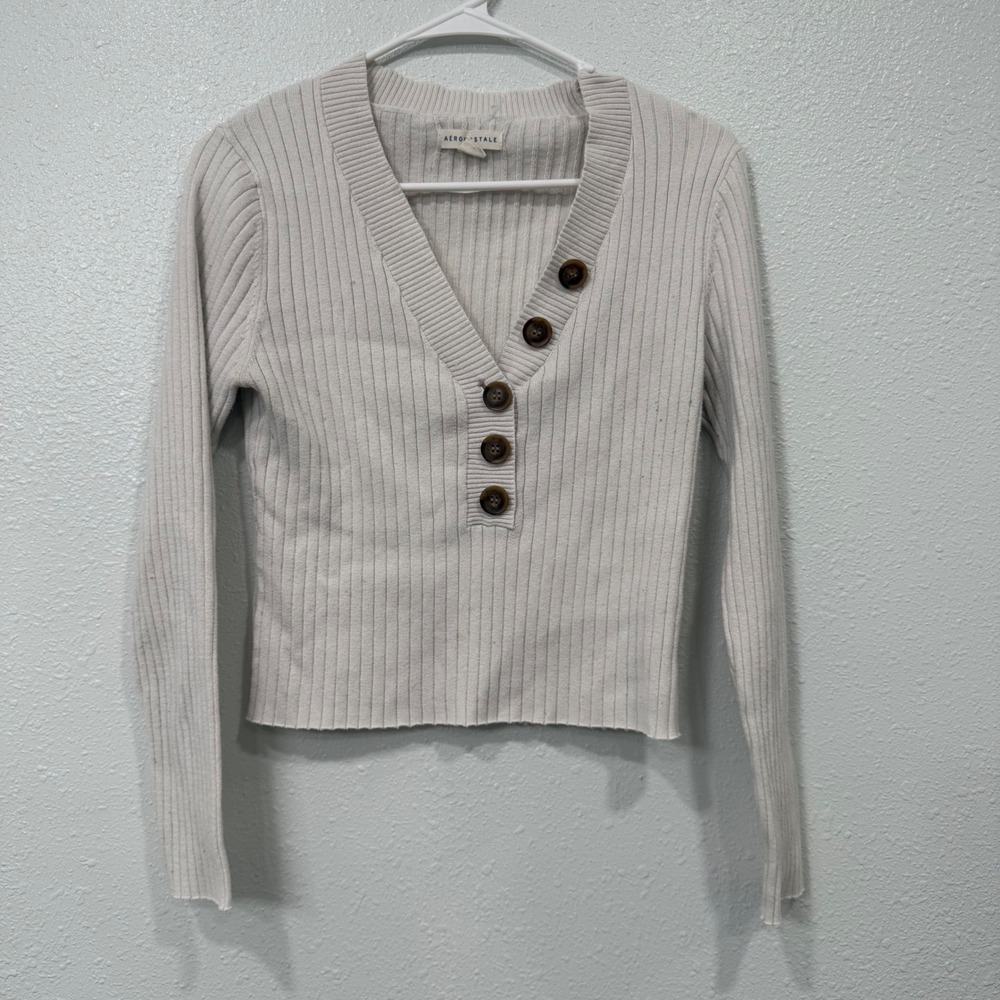 Aeropostale Womens XL Cream Ribbed Knit V-Neck Button Front Long Sleeve Top
